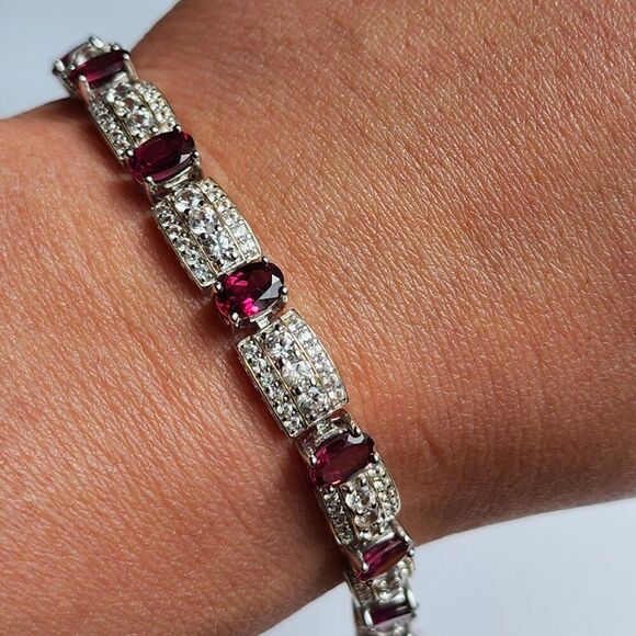 HSN Colleen Lopez Sterling Oval Rhodolite & White Zircon 7" Line Bracelet - Picture 1 of 7